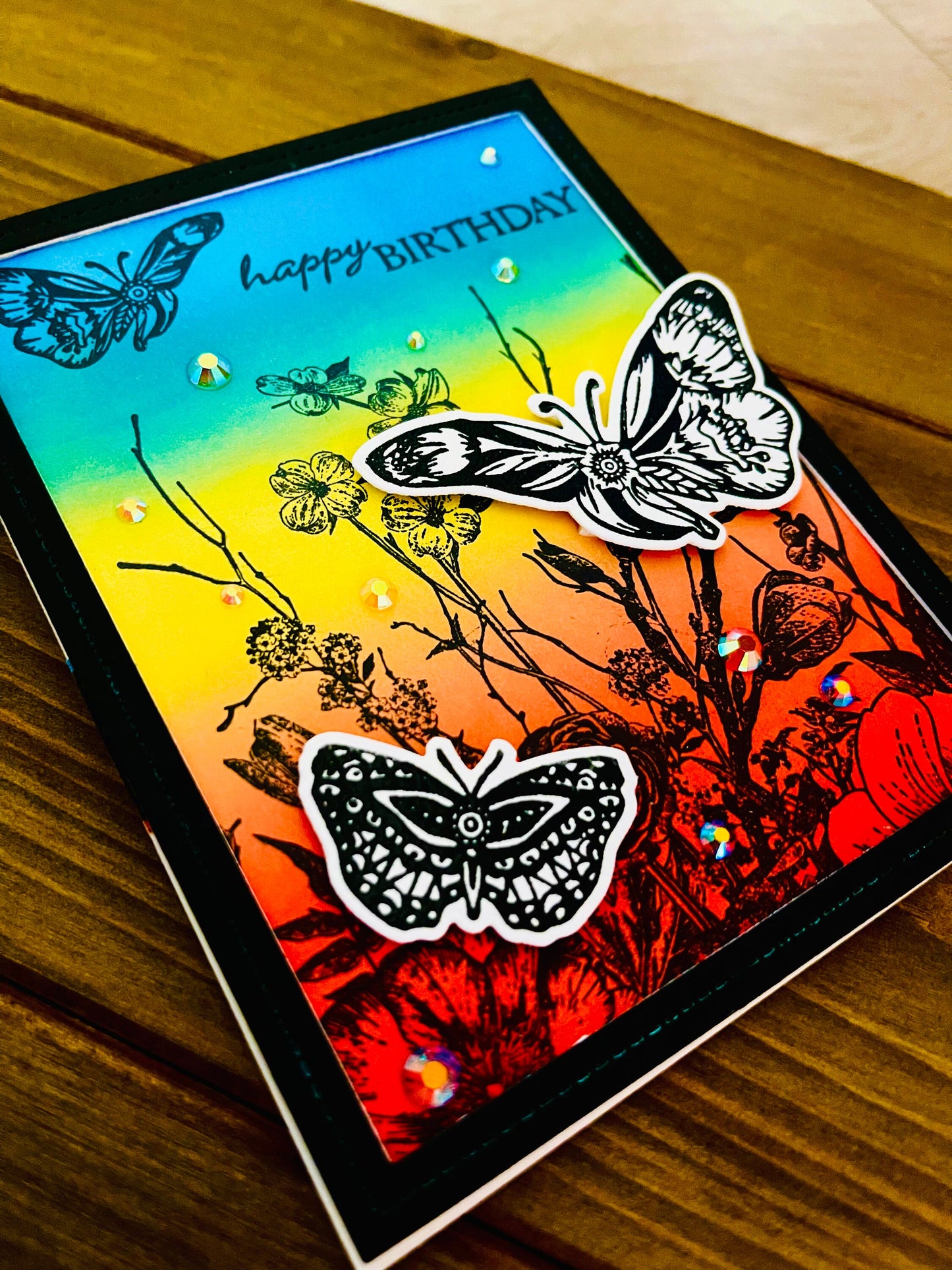 Black and White Butterfly Rainbow Birthday Greeting Card