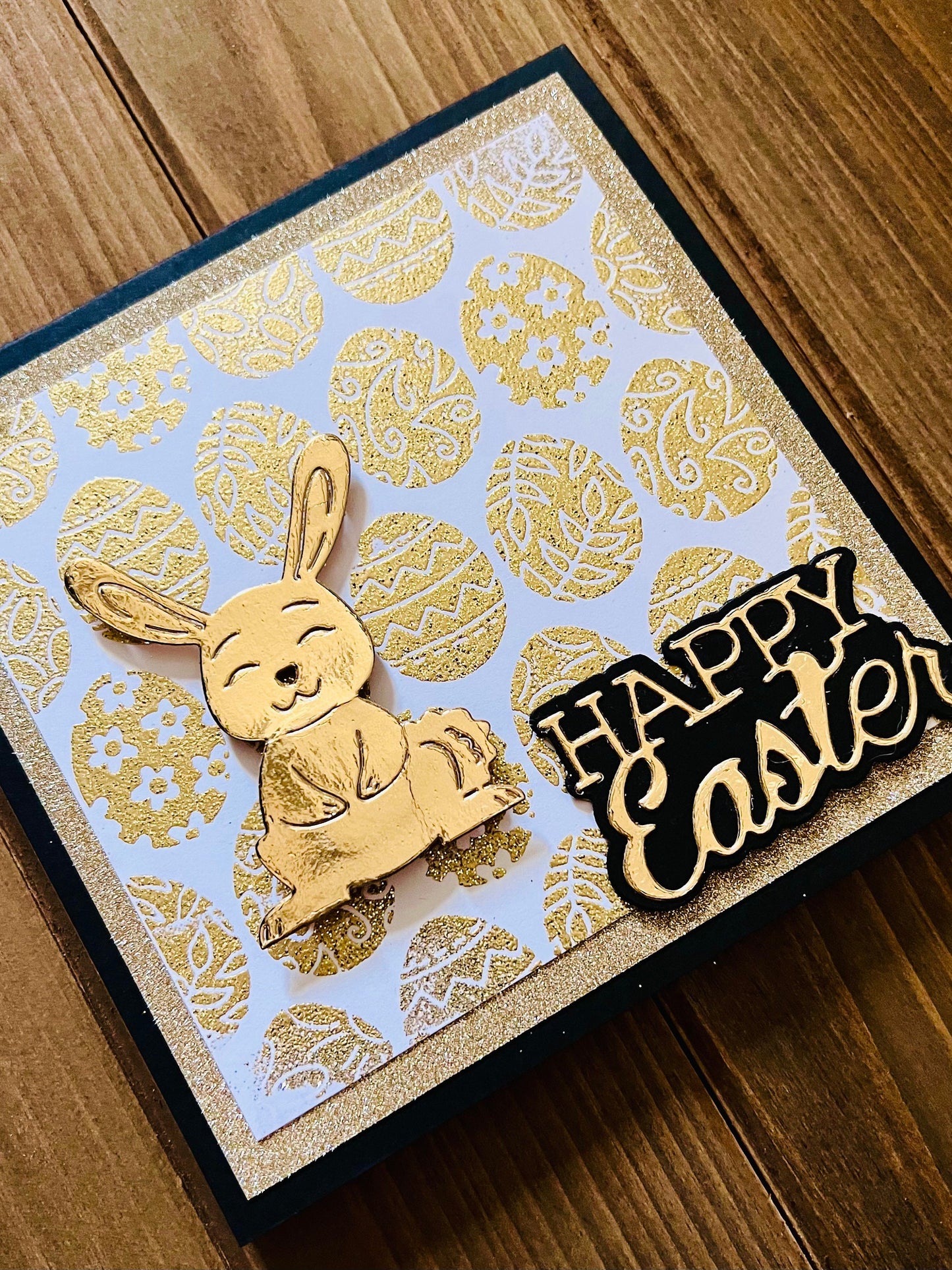 Golden Wobbler Rabbit Easter Greeting Card - A Shimmering Holiday Wish with Playful Bunny Design for Spring Celebrations