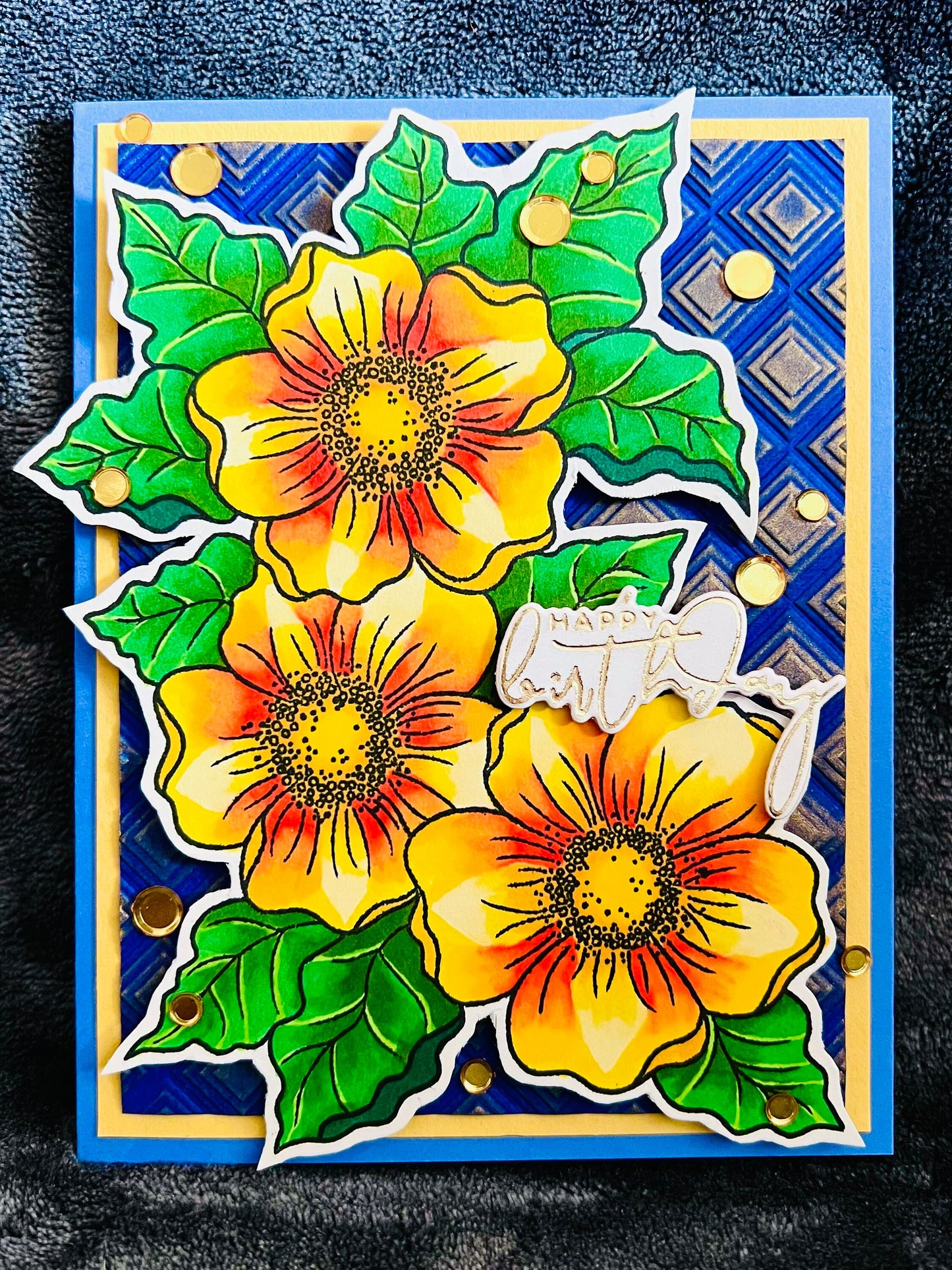 Yellow Magnolia Embossed Diamonds Birthday Card