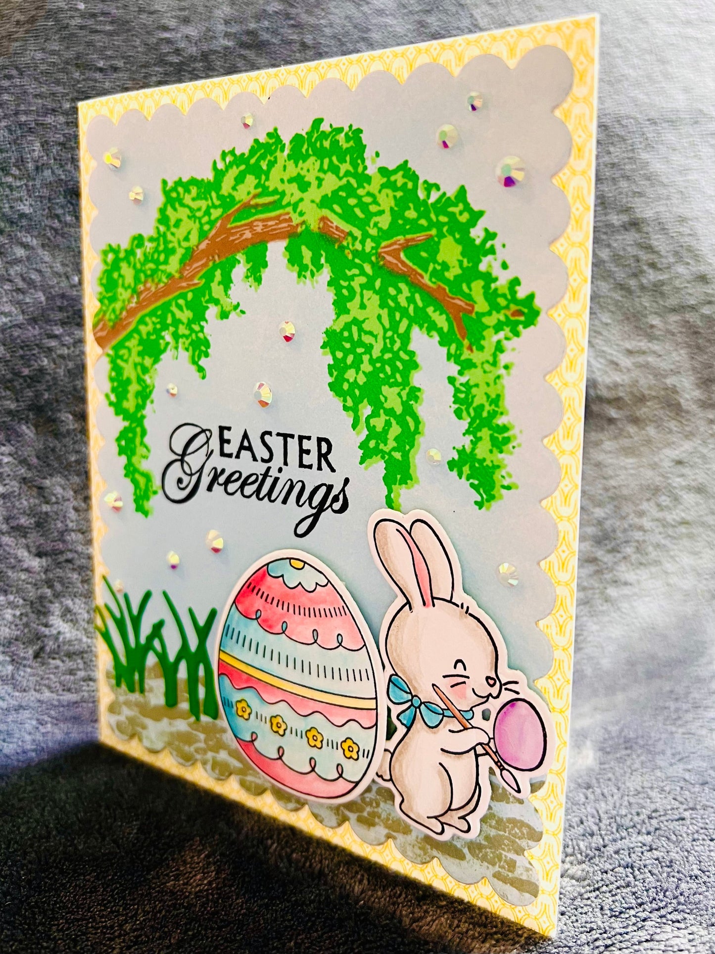 Arched Tree & Bunny Design Easter Egg Greeting Card - Celebrate Spring with Unique Handcrafted Holiday Wishes