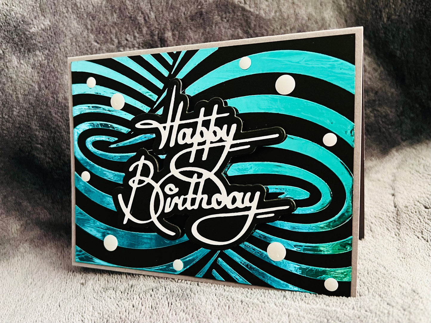 Aqua Foiled Twisted Illusion Birthday Card (Black Blgrd.)