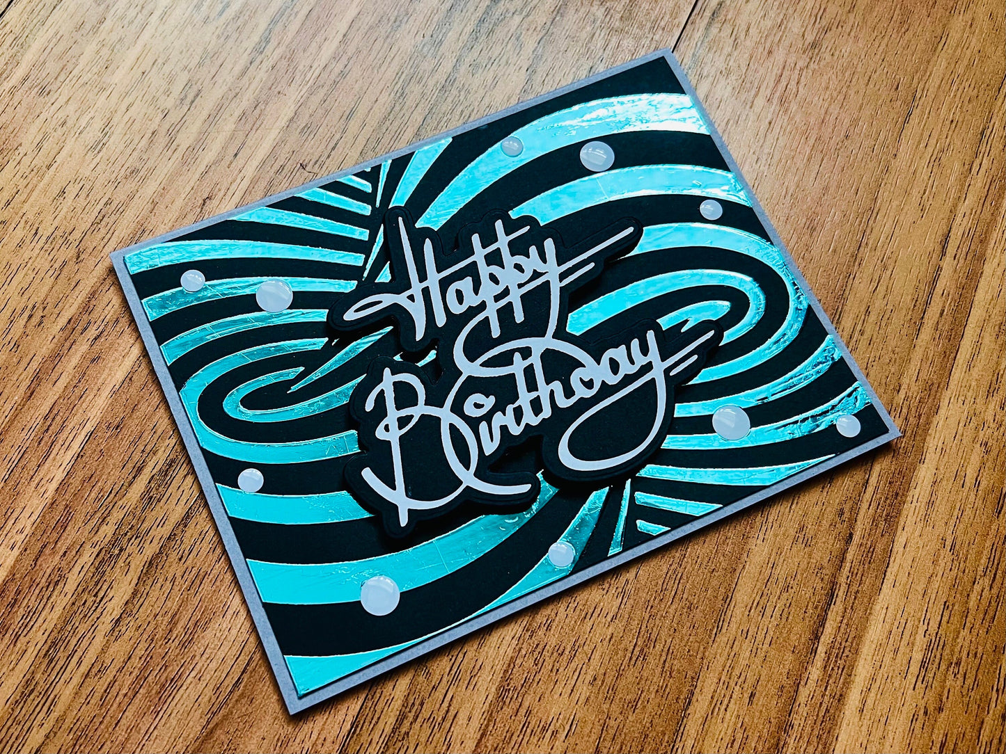 Aqua Foiled Twisted Illusion Birthday Card (Black Blgrd.)