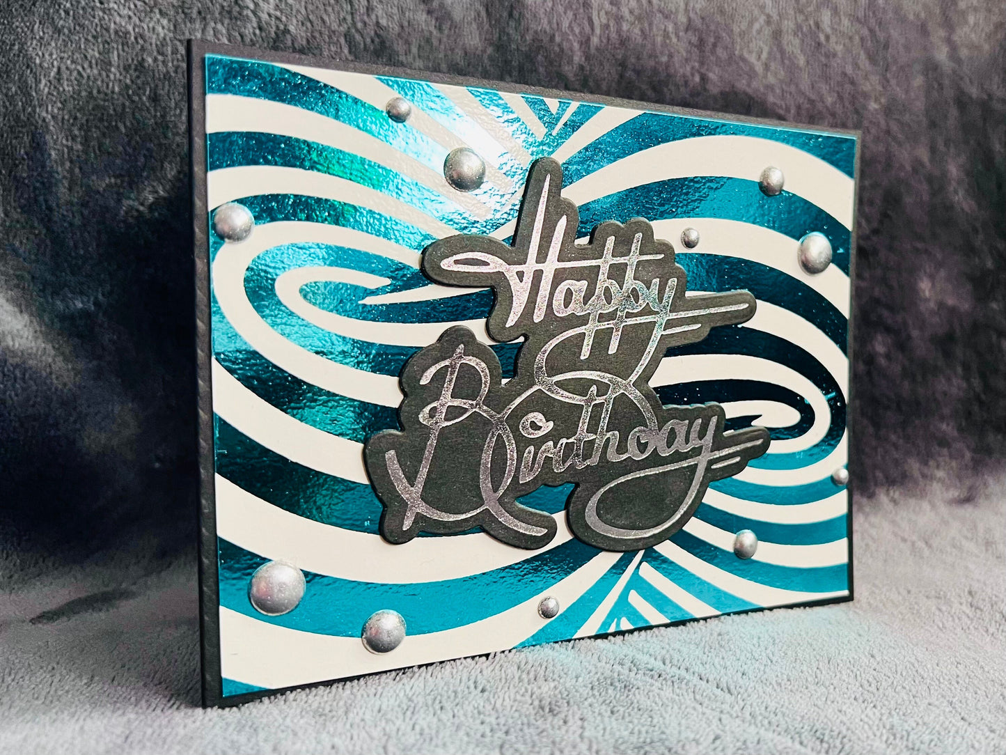 Aqua Foiled Twisted Illusion Birthday Card (White Bkgrd.)