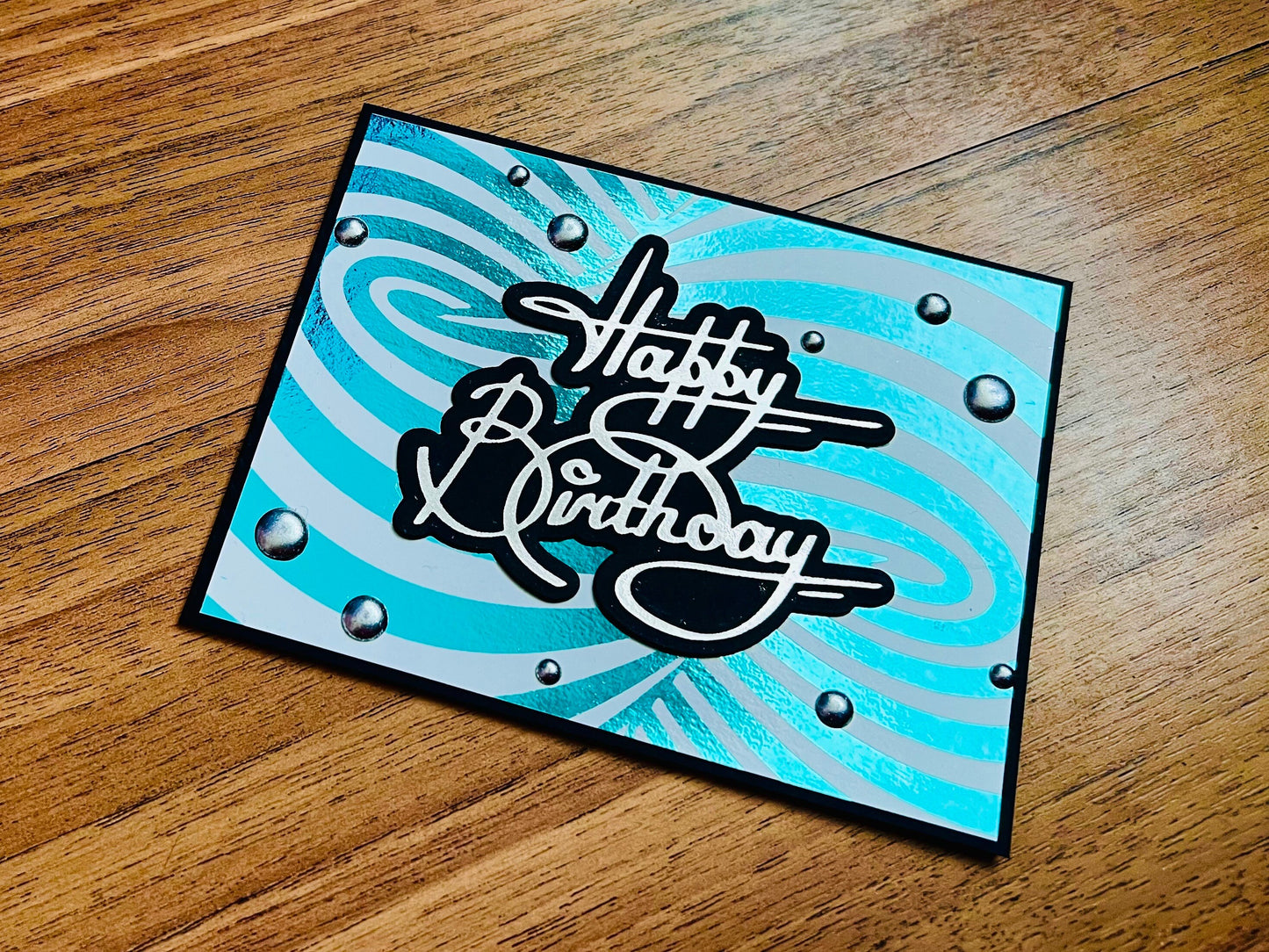 Aqua Foiled Twisted Illusion Birthday Card (White Bkgrd.)