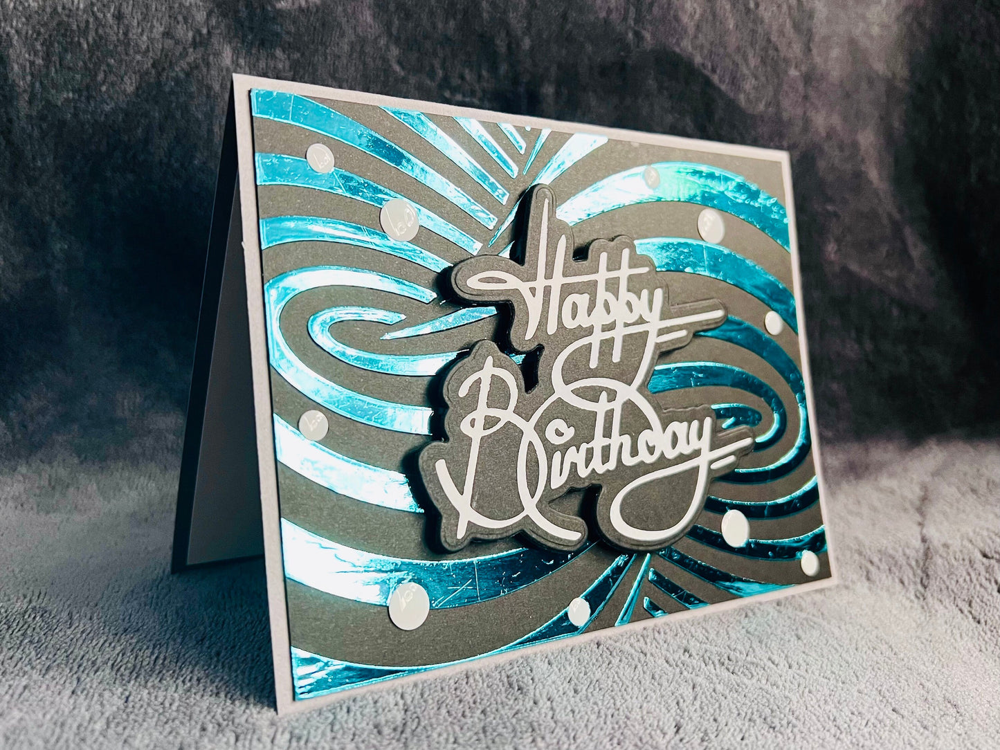 Aqua Foiled Twisted Illusion Birthday Card (Black Blgrd.)