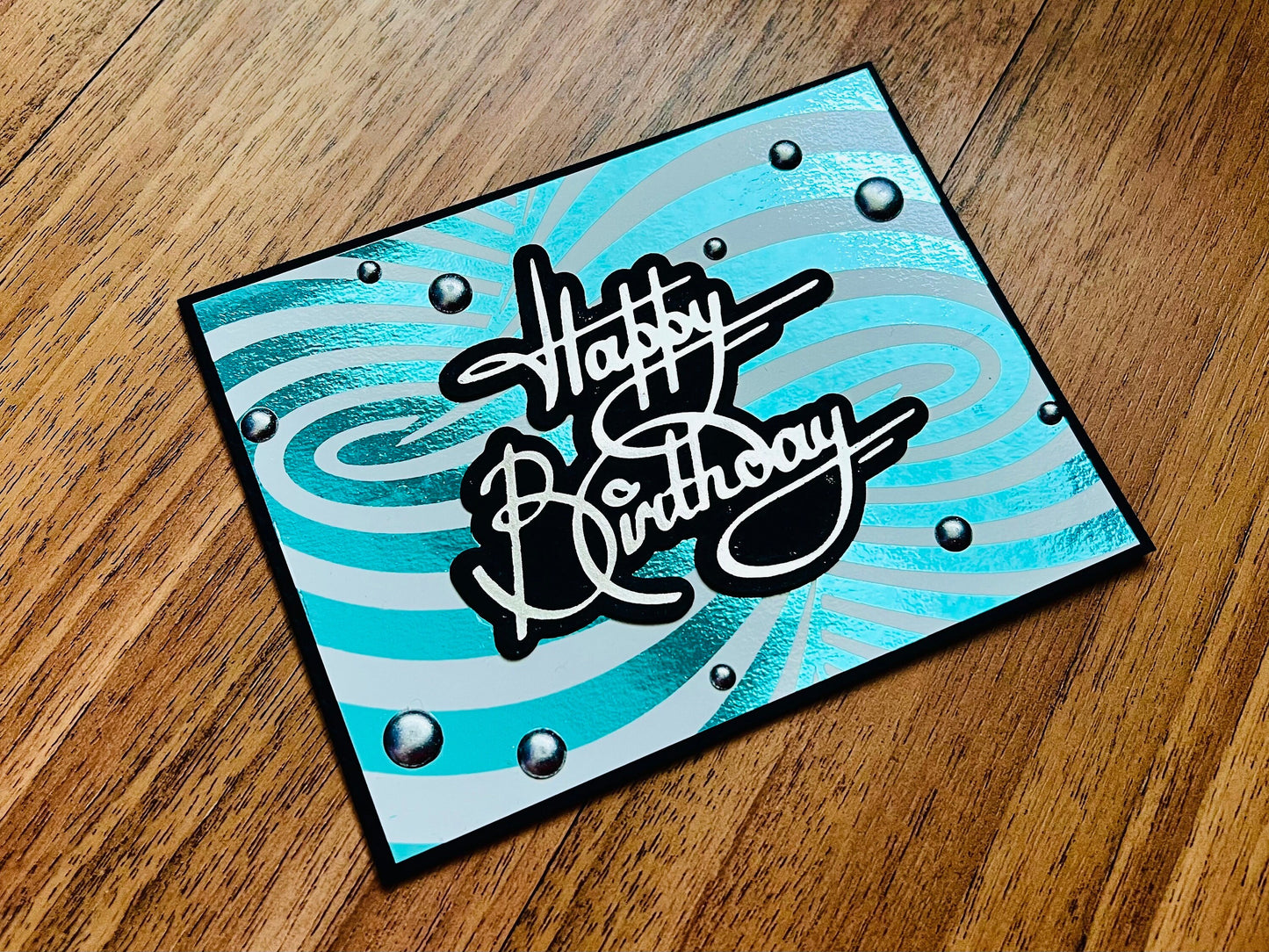 Aqua Foiled Twisted Illusion Birthday Card (White Bkgrd.)
