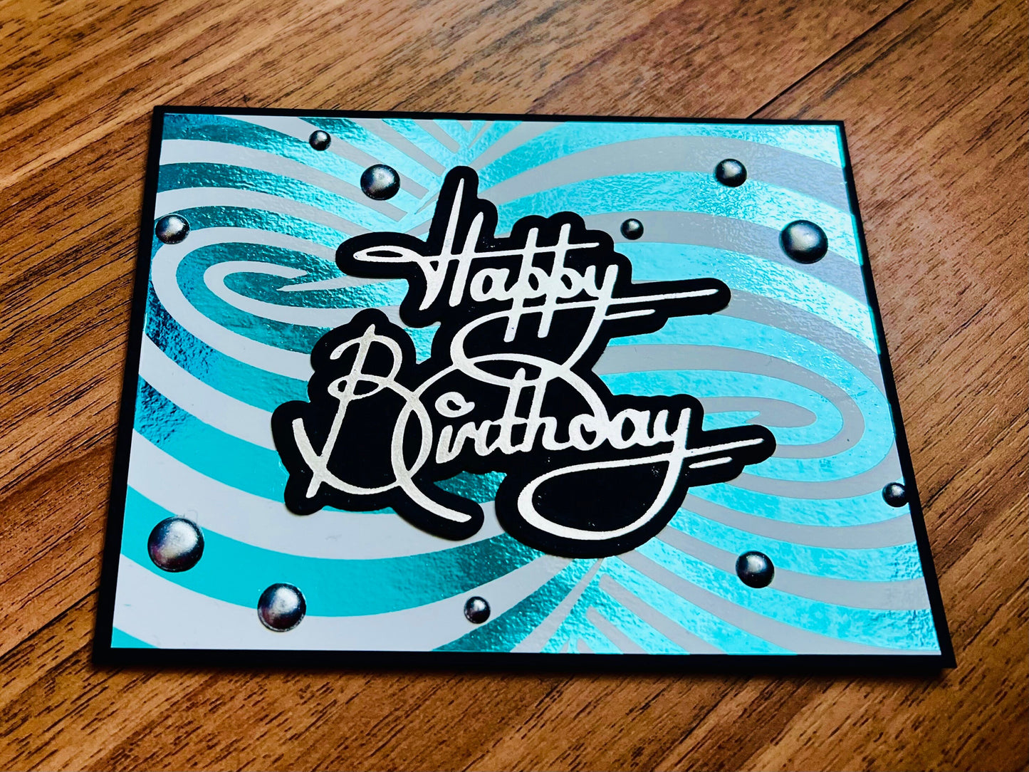 Aqua Foiled Twisted Illusion Birthday Card (White Bkgrd.)