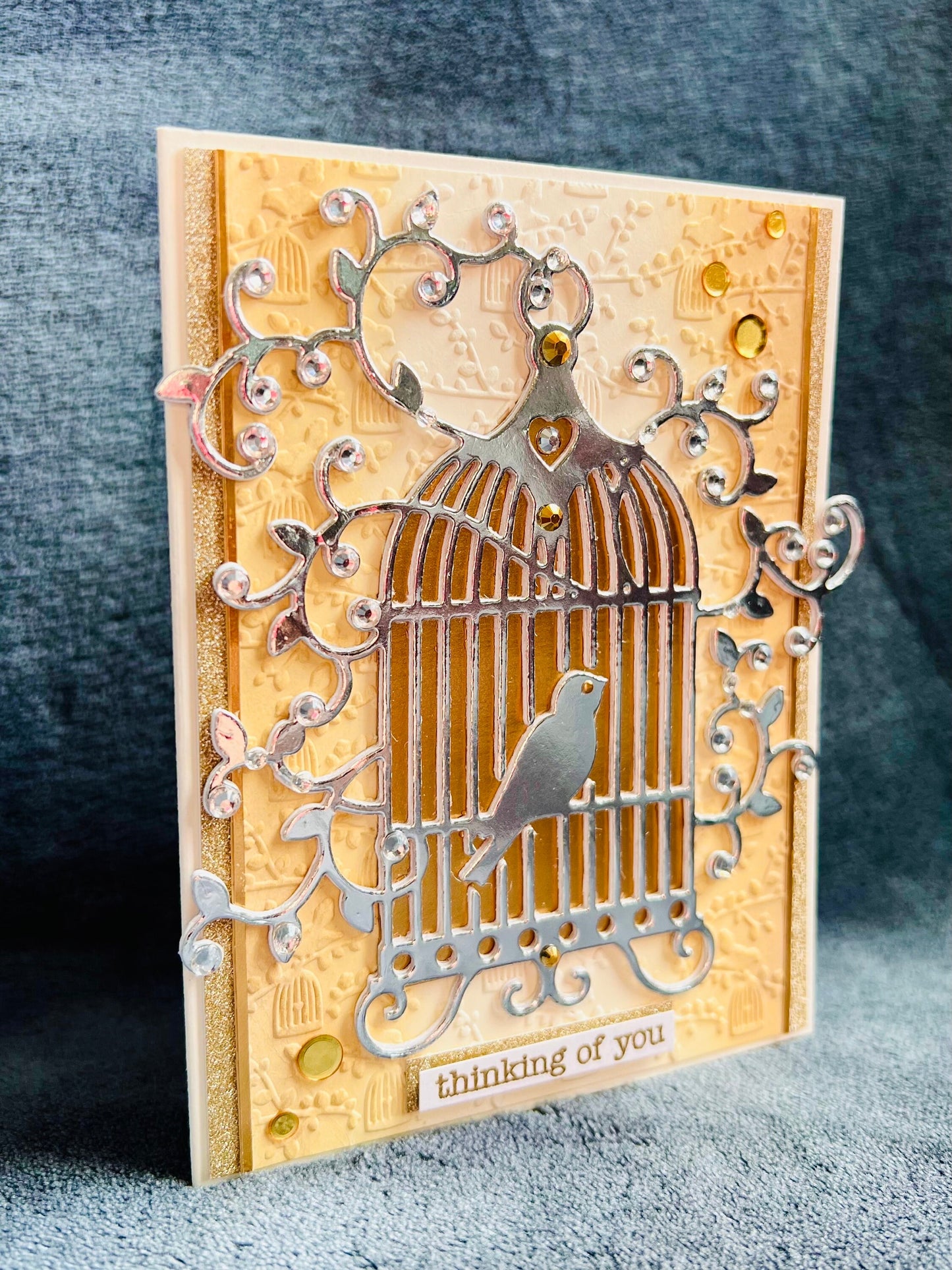 Bird in Silver Birdcage Thinking of You Card