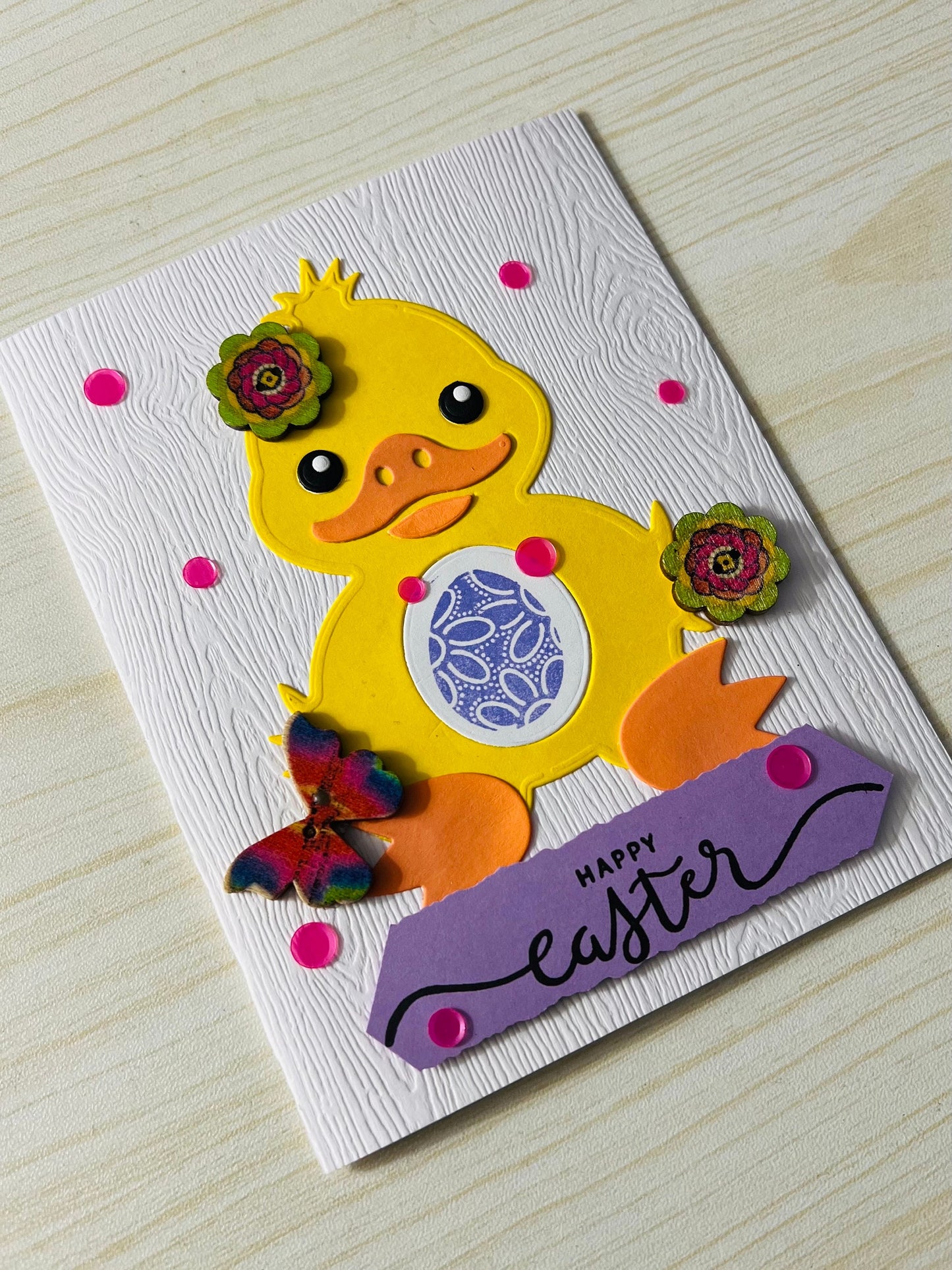 Easter Ducky Card with Wooden Floral and Butterfly Button Accents - A Charming Greeting of Spring Renewal