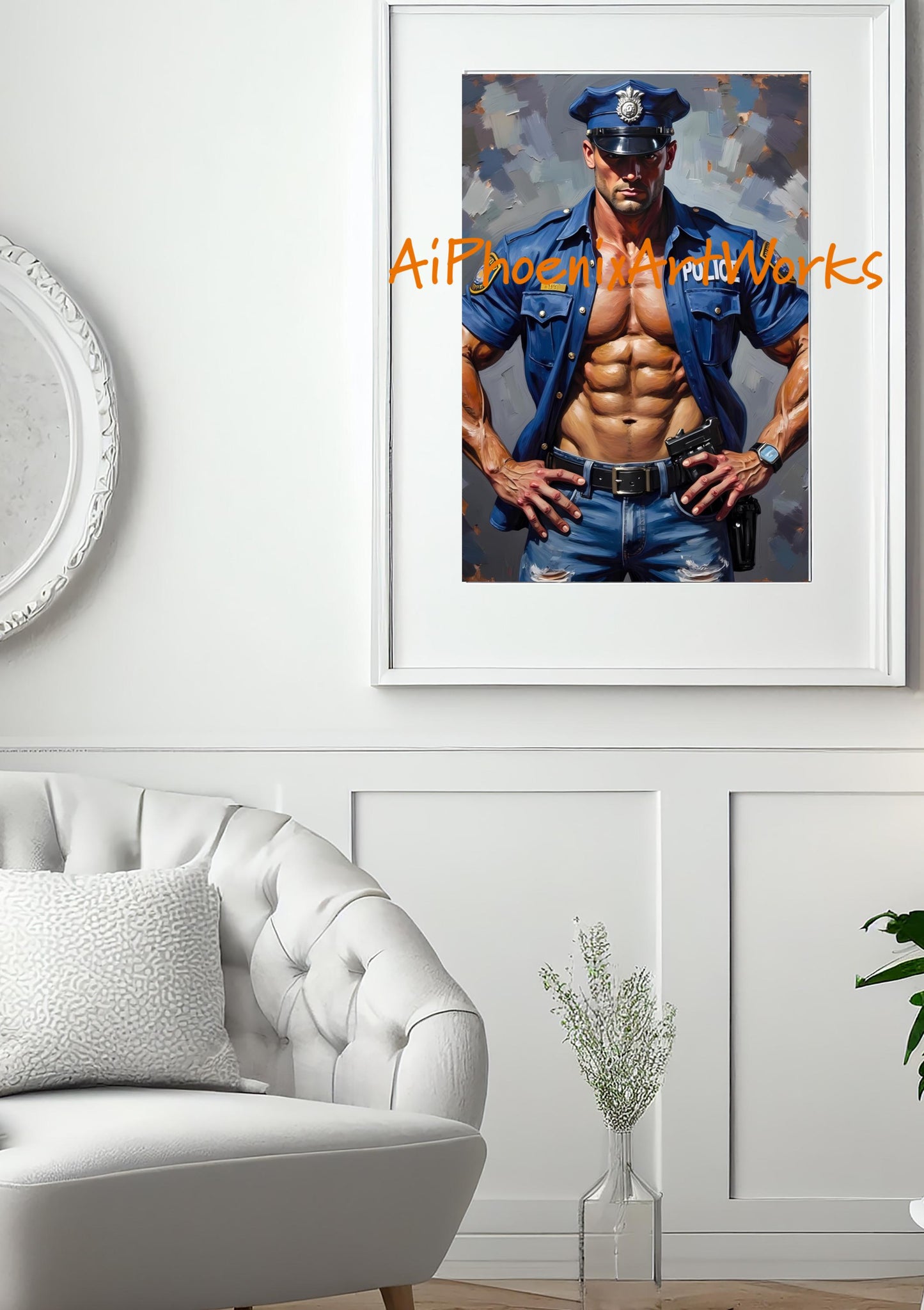 Sexy Policeman Wall Art PRINT | Male Pin-Up Painting, Modern Gay Art Decor | AiPhoenixArtWorks