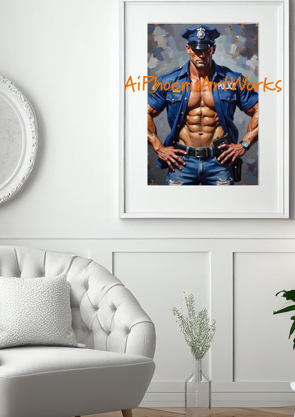 Sexy Policeman Wall Art PRINT | Male Pin-Up Painting, Modern Gay Art Decor | AiPhoenixArtWorks