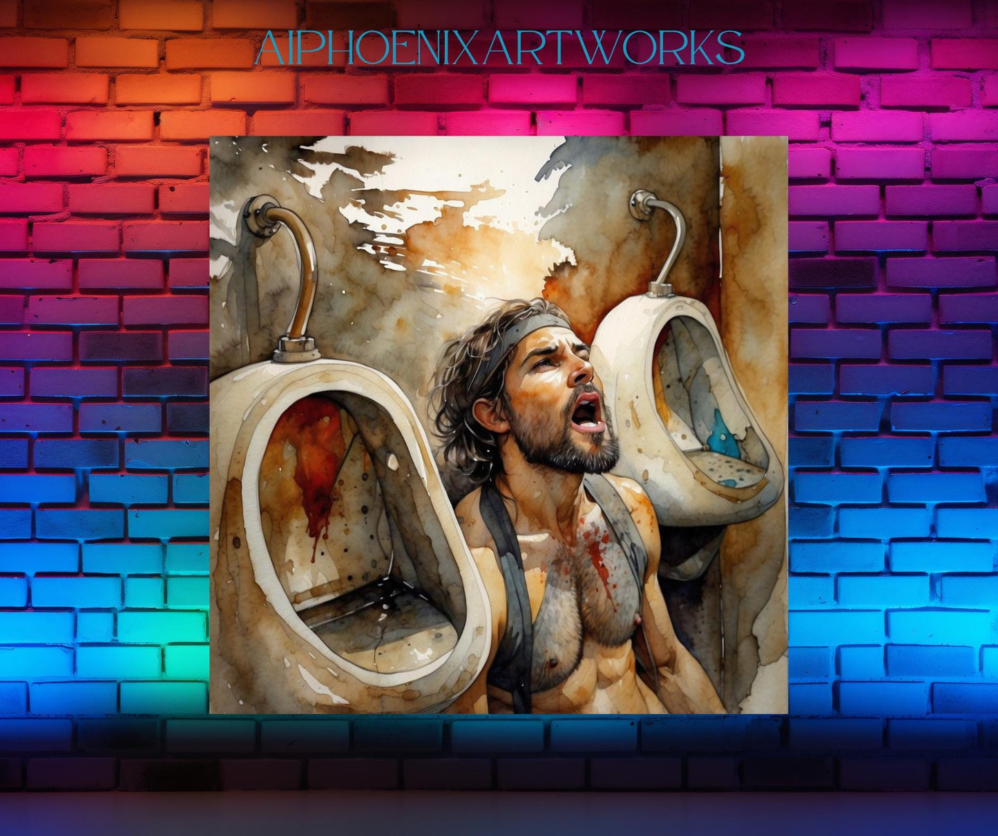 Agony in Ecstasy | Male Figurative Wall Art | Emotional Nude Print | Gritty Restroom Scene | Printed Poster Artwork