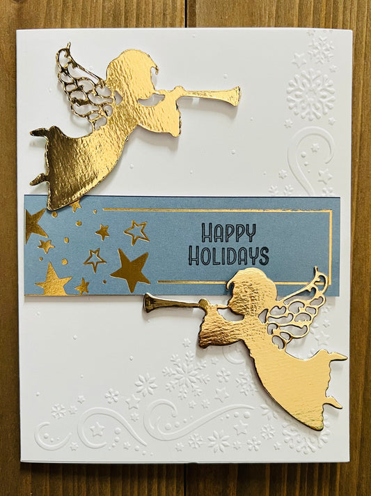 Trumpet Angels Handmade Holiday Greeting Card, Elegant Angel-Themed Design, Festive Christmas Card for Seasonal Blessings