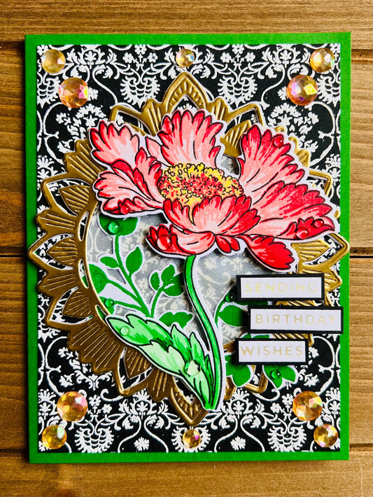 Cosmos Flower on Golden Circle Frame Birthday Card