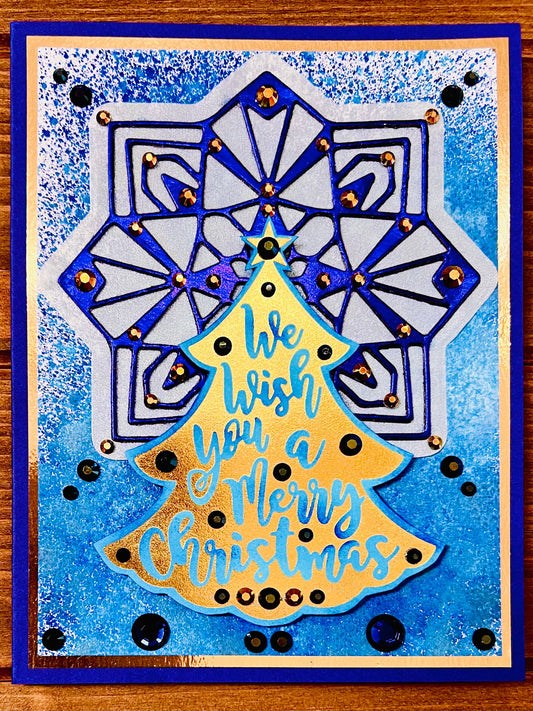 Gold Christmas Tree & Blue Mandala Handmade Christmas Card, Elegant Holiday Greeting, Unique Festive Design for Seasonal Wishes