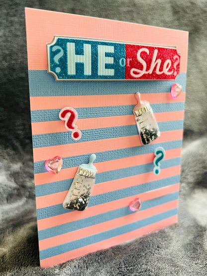 Striped Baby Boy or Girl Gender Reveal Blank Card