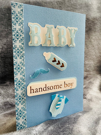 Welcome Baby Greeting Card - Handsome Baby Boy with Blue Linen Background, Perfect for Celebrating New Arrivals