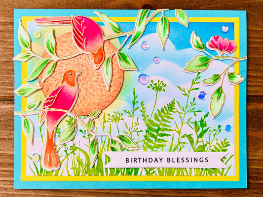 Songbird Duo and Spring Greenery Birthday Blessings Card