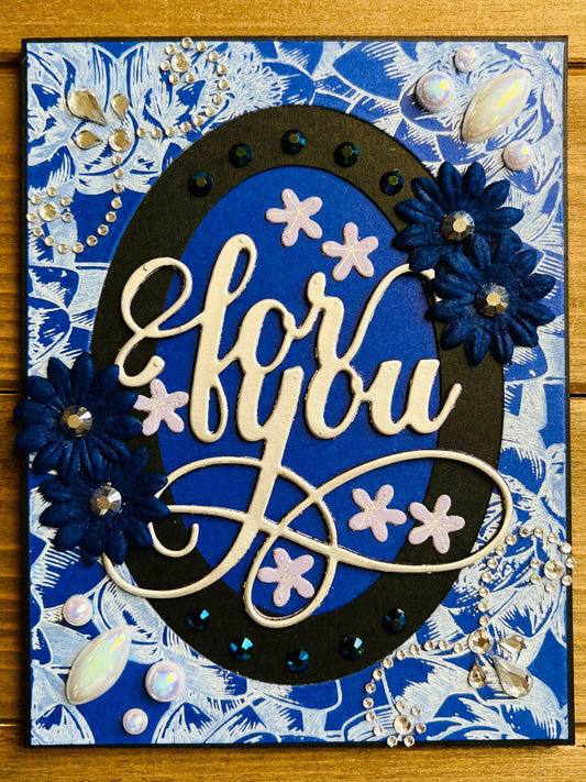 Blue Oval Frame Floral Bejeweled For You Card