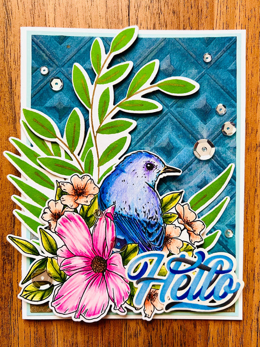 Bluebird Hello Floral Foliage Card