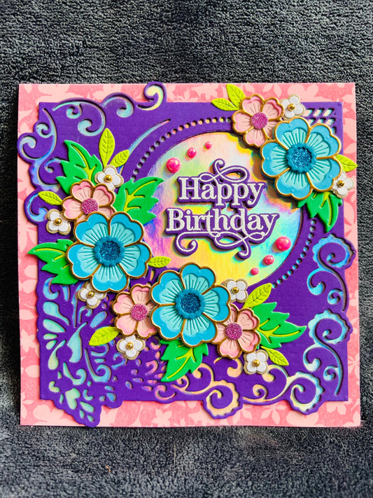 Pink and Blue Flower Arrangement Birthday Card
