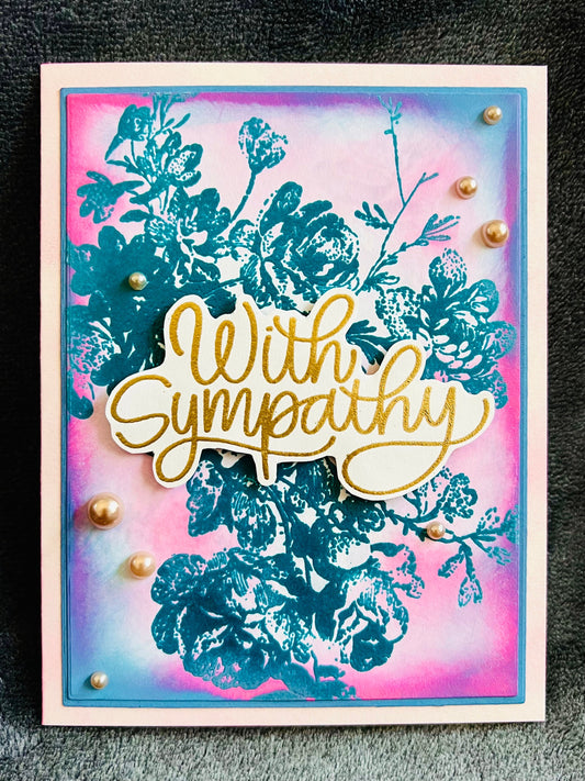Teal Embossed Vintage Floral Pink Tinted Sympathy Card