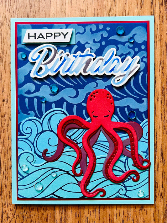 Red Octopus Wave Background Birthday Card