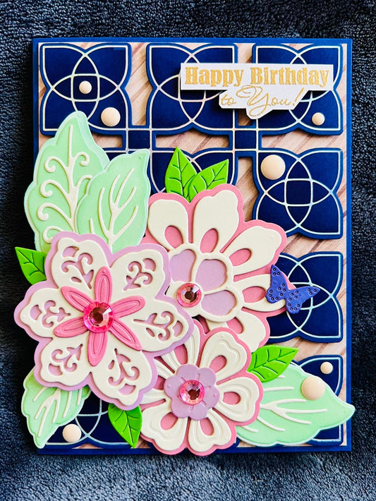 Ornate Florals on Navy Geometric Foiled Background Birthday Card