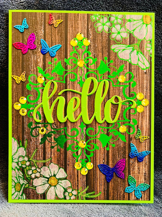 Wood Grain and Rainbow Foiled Butterflies Hello Card