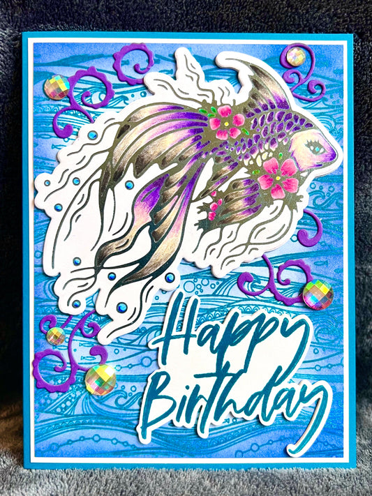 Foiled Outline Purple Koi Fish Birthday Card