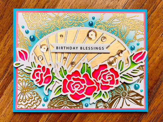 Stained Glass Rose Radiant Oval Birthday Blessings Card