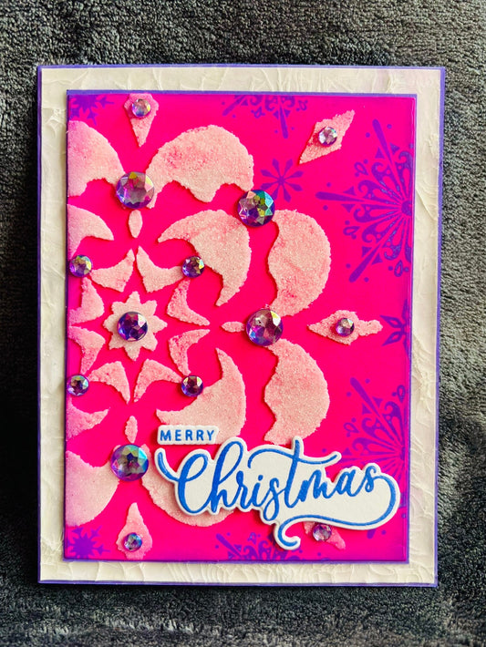 Enchanting White Glitter Snowflake Handmade Christmas Card with Pink Ice Border, Elegant Winter-Themed Greeting, Unique Holiday Card