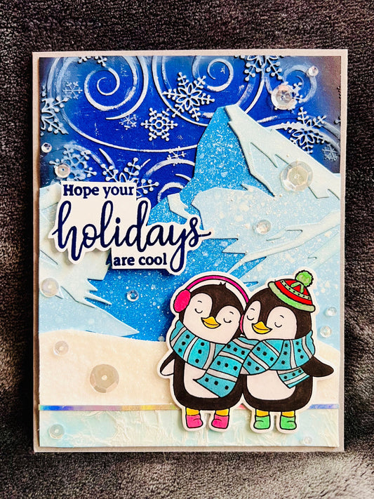 Penguin Couple Winter Mountain Scene Handmade Christmas Card, Adorable Holiday Greeting
