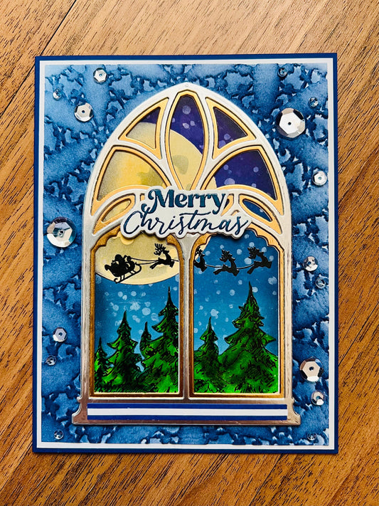Moonlit Santa and Reindeer Silhouette Handmade Christmas Card with Arched Window Design, Festive Holiday Greeting
