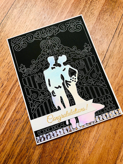 Elegant Wedding Congratulations Card - Holographic Bride and Groom with Gate Outline Design, Perfect for the Elegant Couple