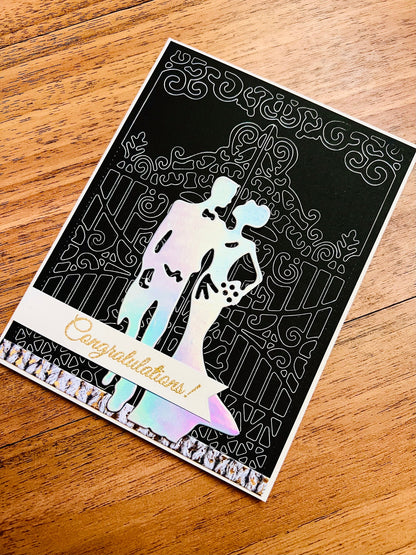 Elegant Wedding Congratulations Card - Holographic Bride and Groom with Gate Outline Design, Perfect for the Elegant Couple