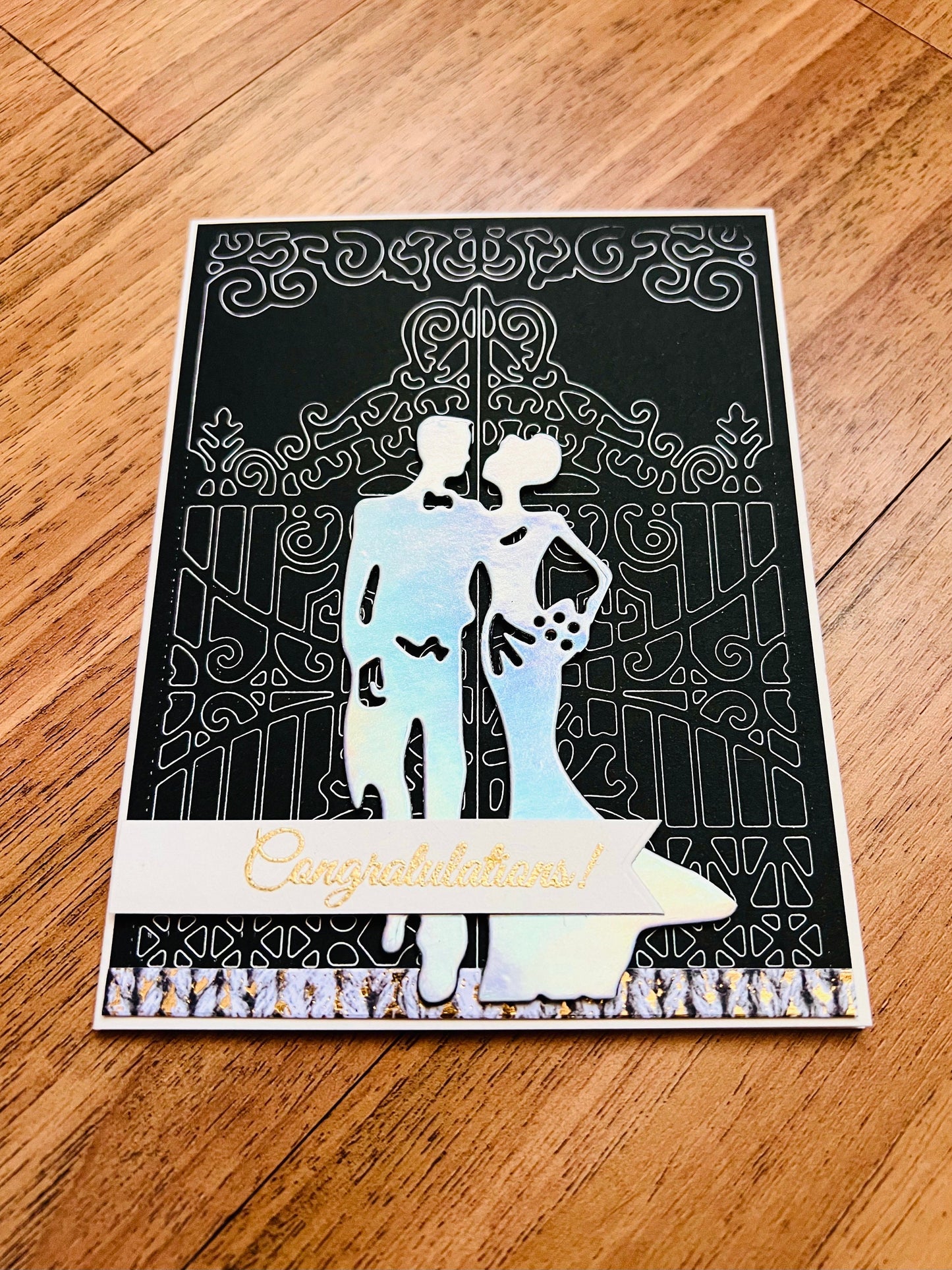 Elegant Wedding Congratulations Card - Holographic Bride and Groom with Gate Outline Design, Perfect for the Elegant Couple