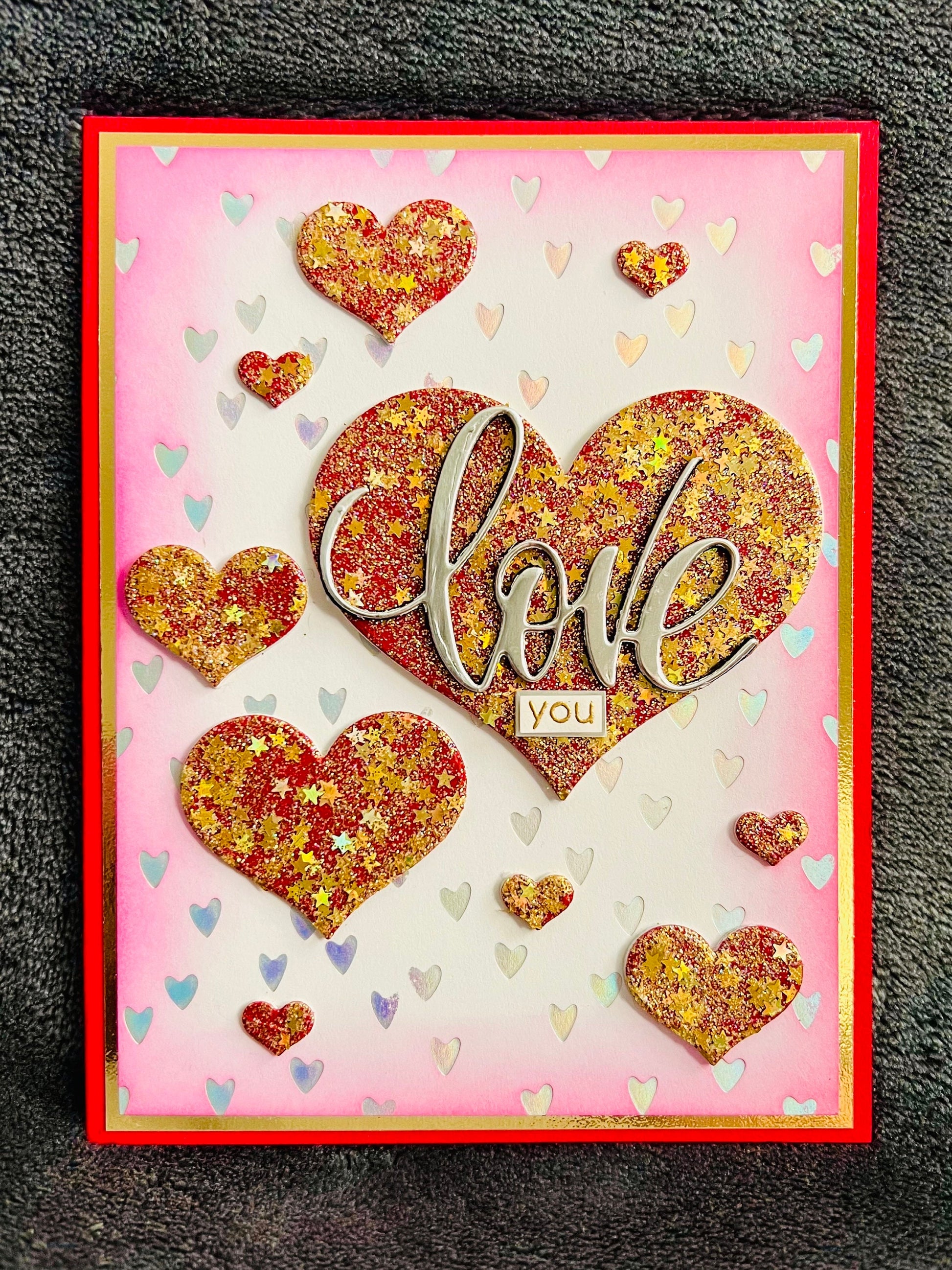 Multiple Glitter Star Hearts Love You Card