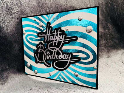 Aqua Foiled Twisted Illusion Birthday Card (White Bkgrd.)