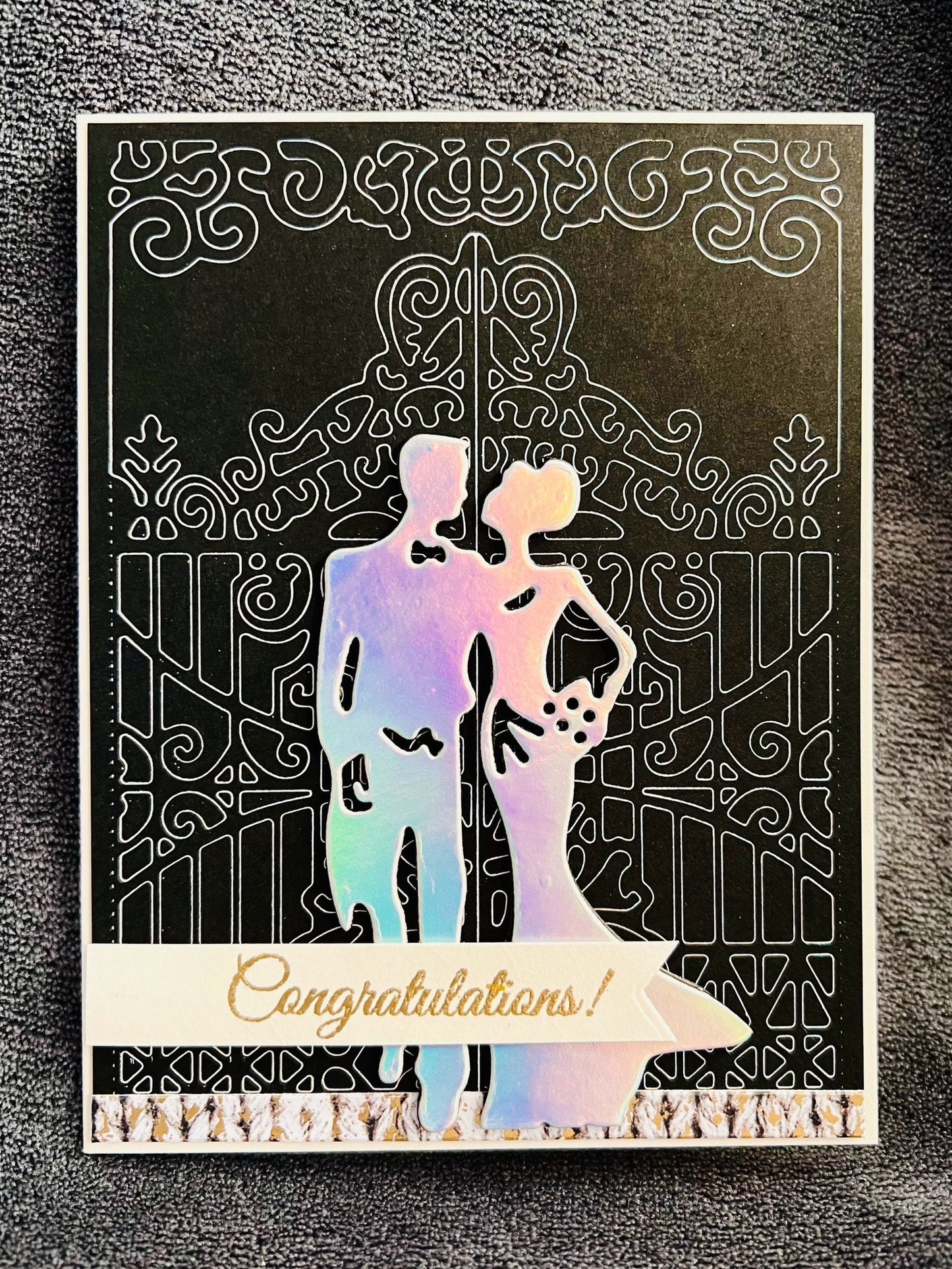 Elegant Wedding Congratulations Card - Holographic Bride and Groom with Gate Outline Design, Perfect for the Elegant Couple