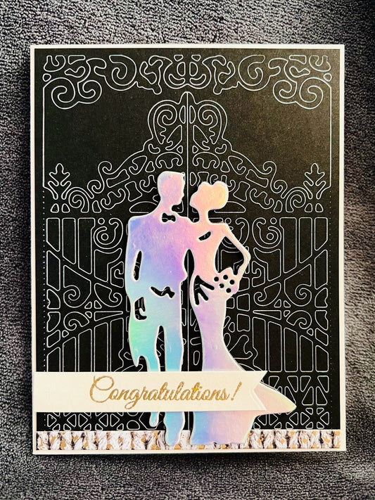 Elegant Wedding Congratulations Card - Holographic Bride and Groom with Gate Outline Design, Perfect for the Elegant Couple