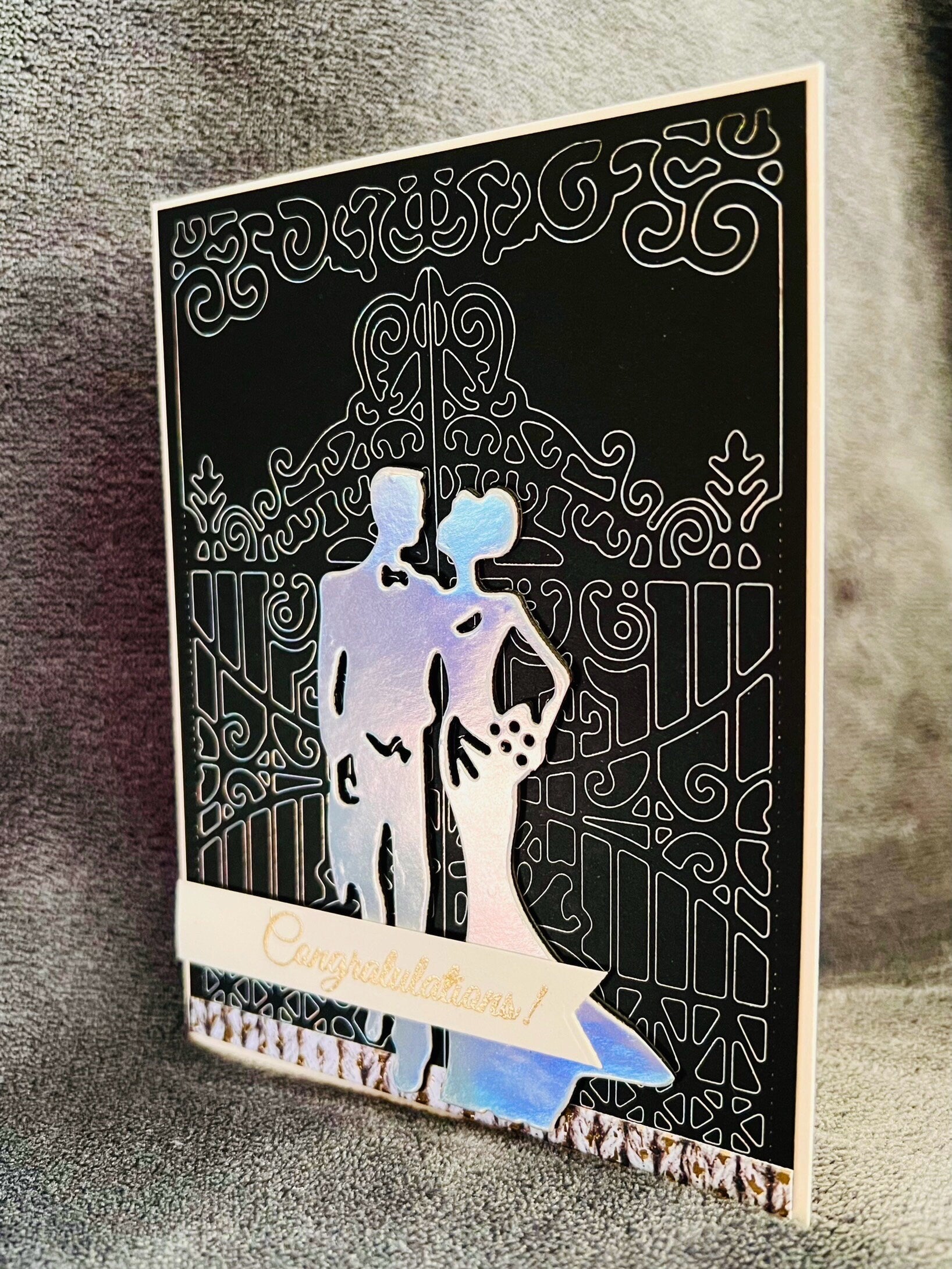 Elegant Wedding Congratulations Card - Holographic Bride and Groom with Gate Outline Design, Perfect for the Elegant Couple