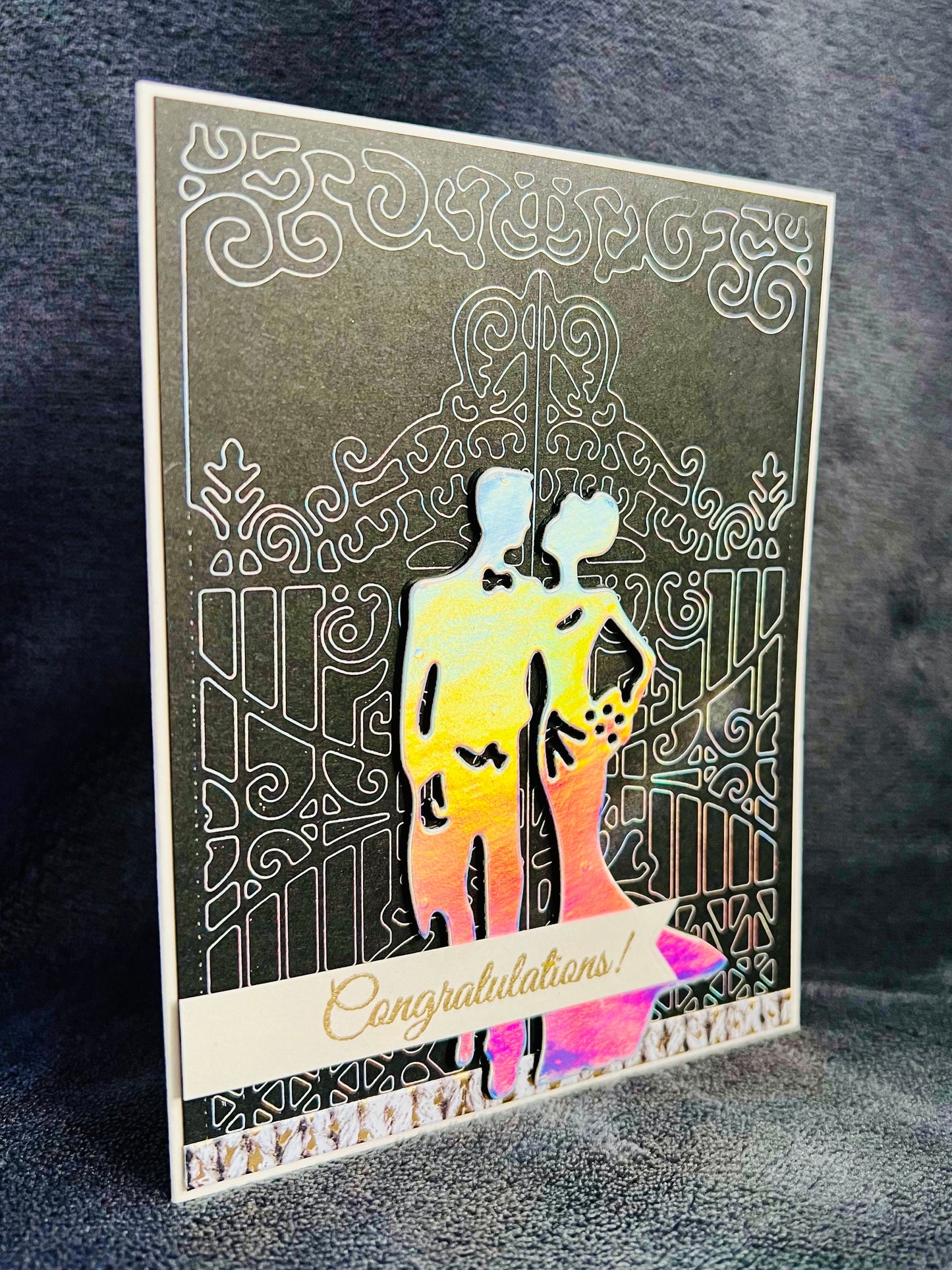 Elegant Wedding Congratulations Card - Holographic Bride and Groom with Gate Outline Design, Perfect for the Elegant Couple