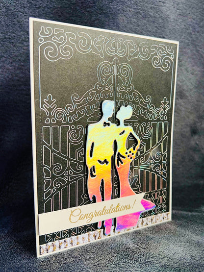 Elegant Wedding Congratulations Card - Holographic Bride and Groom with Gate Outline Design, Perfect for the Elegant Couple