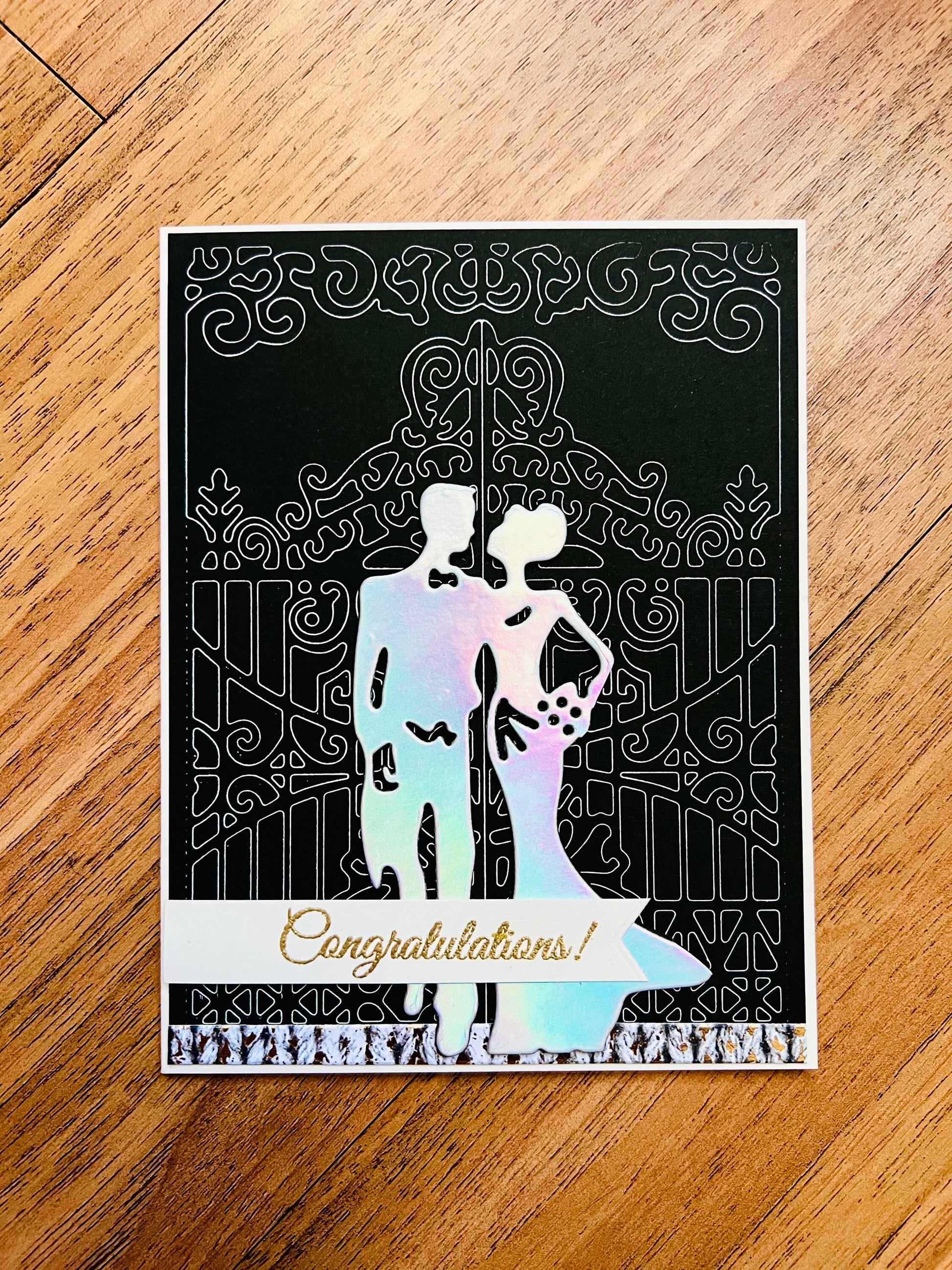 Elegant Wedding Congratulations Card - Holographic Bride and Groom with Gate Outline Design, Perfect for the Elegant Couple