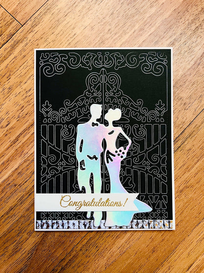 Elegant Wedding Congratulations Card - Holographic Bride and Groom with Gate Outline Design, Perfect for the Elegant Couple