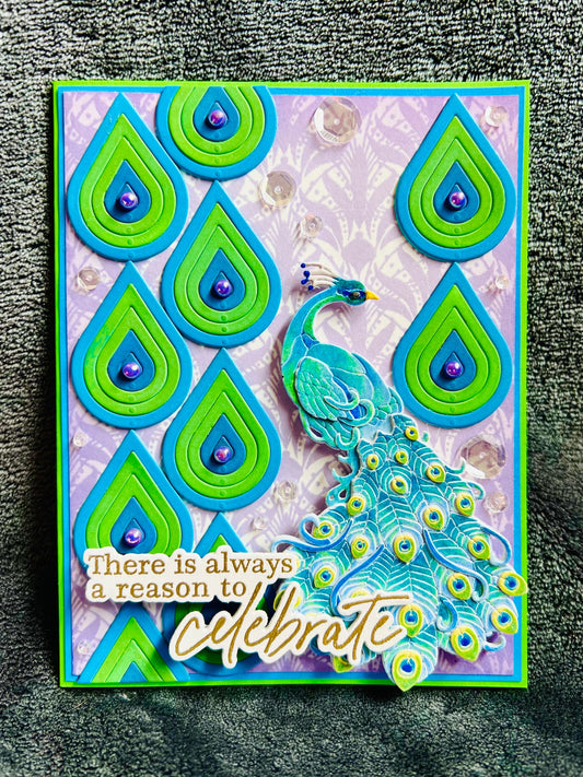 Blue and Green Peacock Teardrop Pattern Motif Celebrate Card