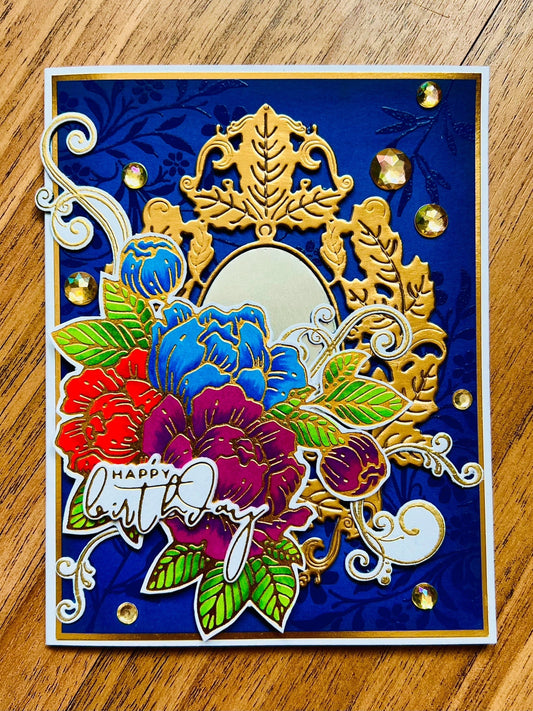 Triple Floral Cluster Golden Mirror Birthday Card