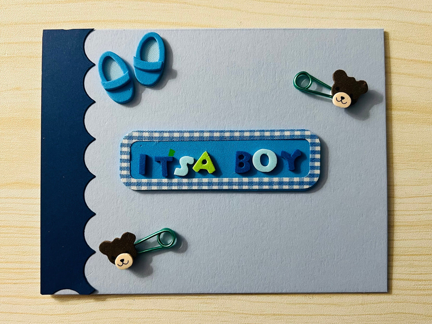 It’s a Boy: Bear Safety Pins and Baby Shoes Baby Card