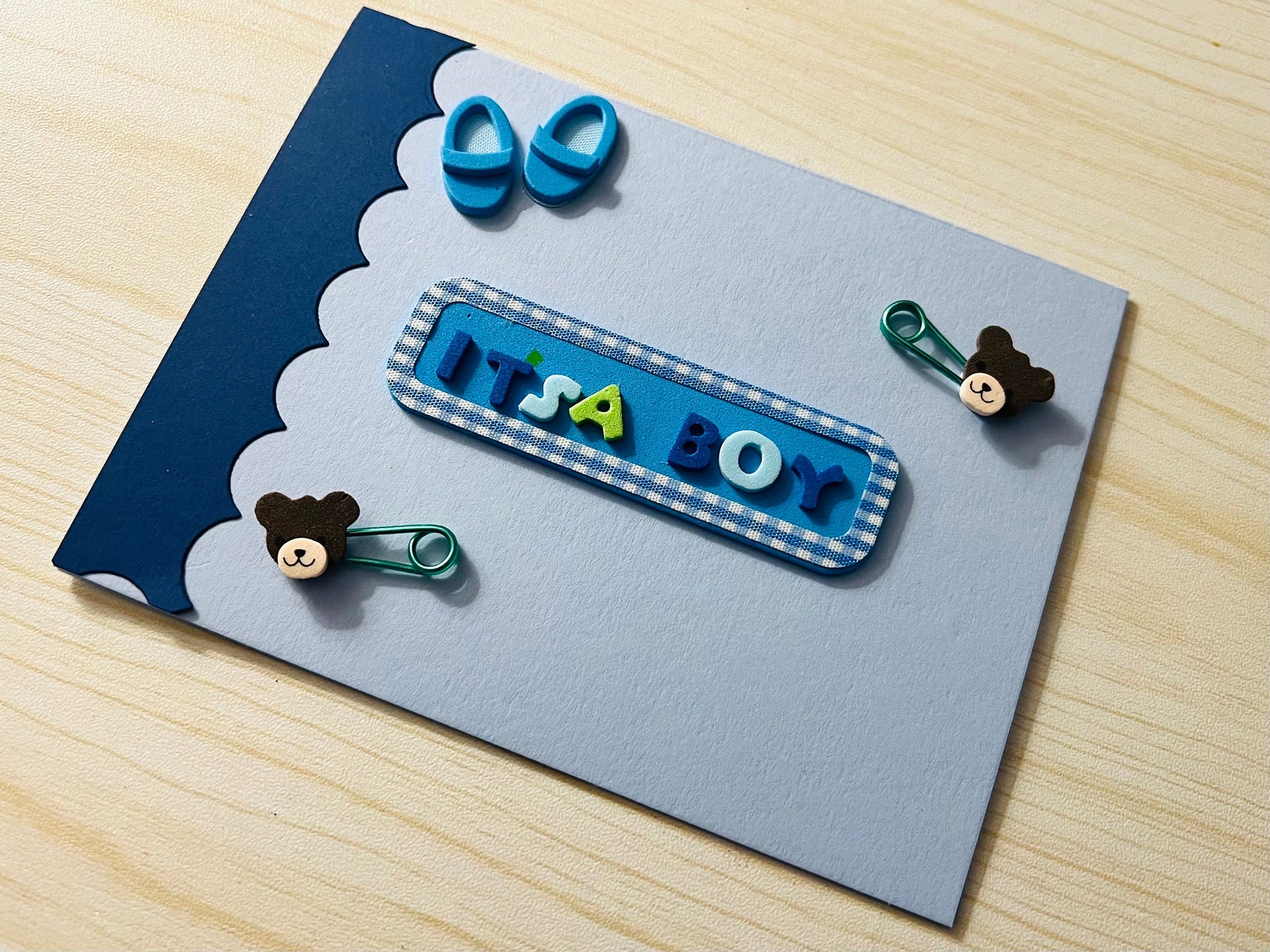 It’s a Boy: Bear Safety Pins and Baby Shoes Baby Card